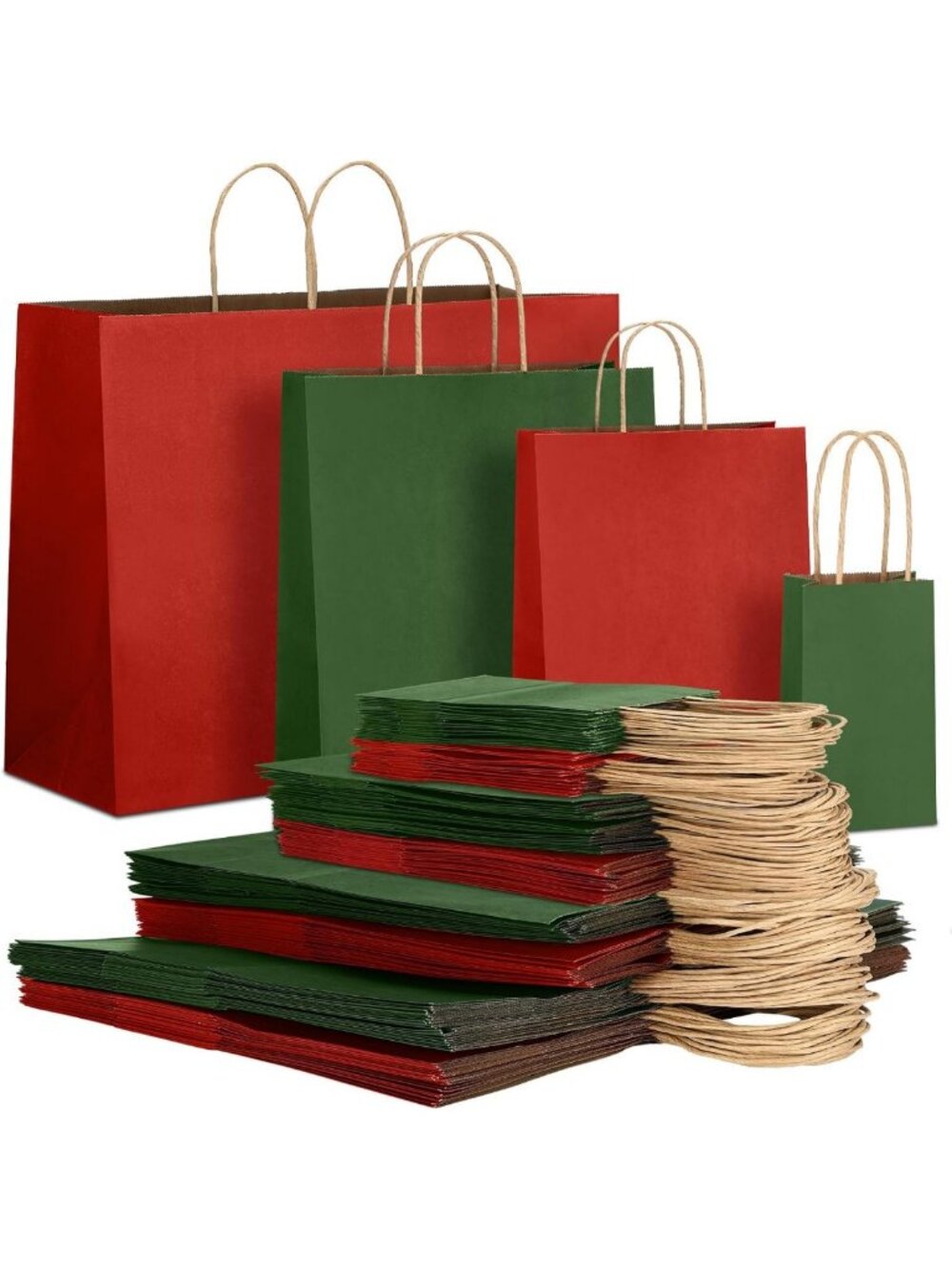 100 Pcs Christmas Gift Bags Set - Red & Green Kraft, 4 Sizes for Holiday Gifting